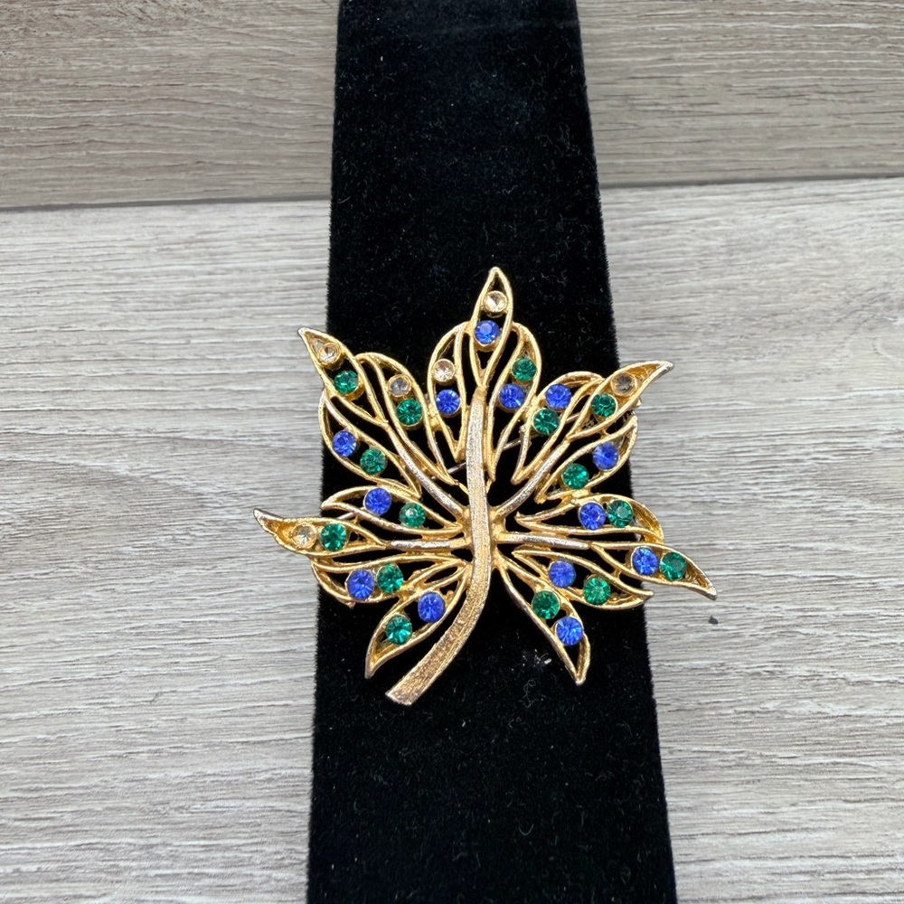 Gold‎ Tone Leaf Brooch with Blue and Green Accents